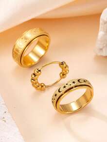 3 món đồ trang sức Fidget bằng thép không gỉ thời trang có thể xoay hình ngôi sao, mặt trăng, mặt trời và hạt bạc, phù hợp với trang phục hàng ngày - Vàng - Xem 23