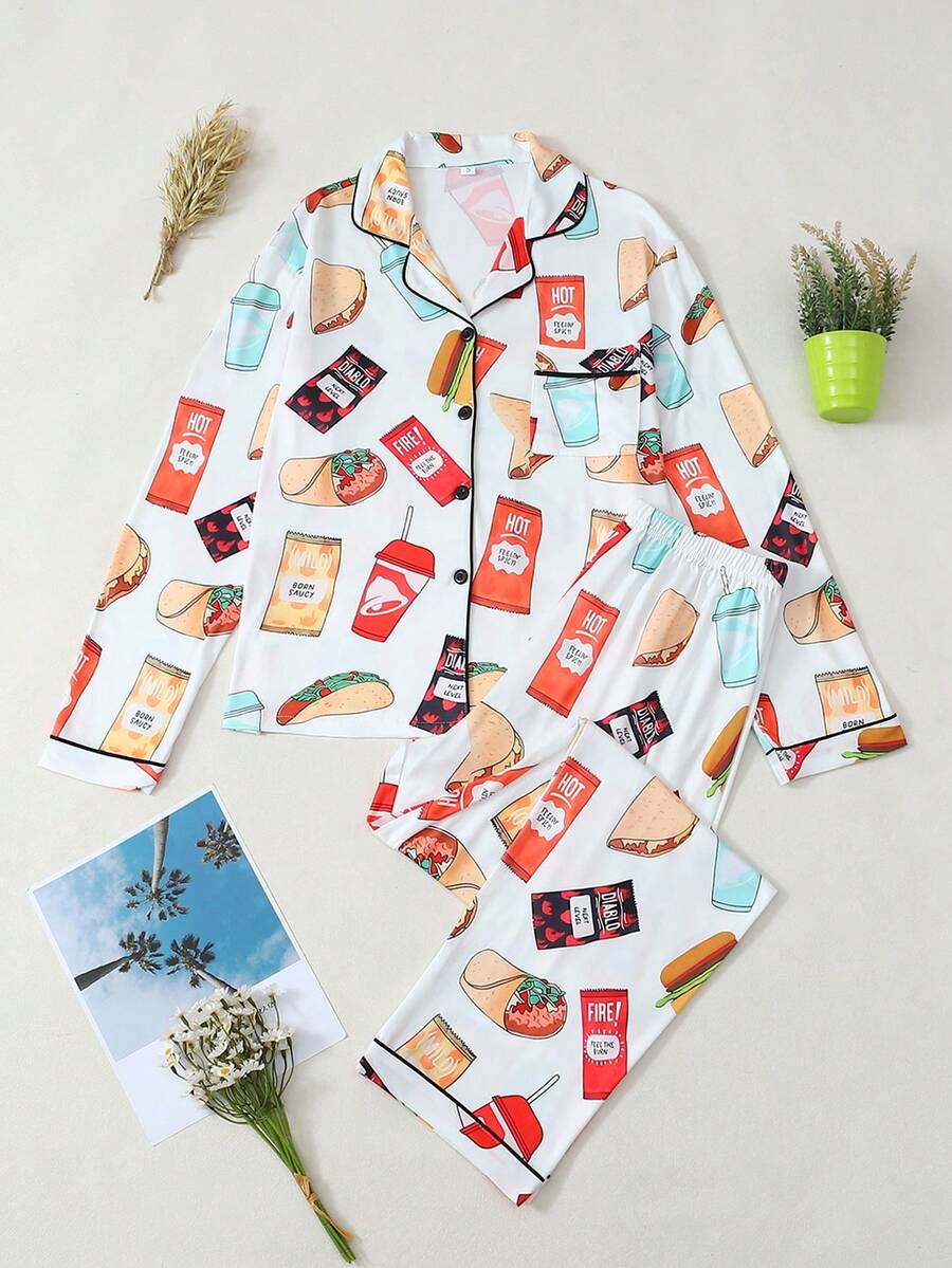 Women's Food-Themed Pajama Set, Base With Multicolor Snack Print, Long Sleeve Top & Pants, Casual Home Wear For Spring & Fall - 白色 - 查看 1