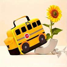 Insulated Lunch Bag, Cartoon School Bus Design, Waterproof Lining, Separate Compartment For Utensils, Handheld