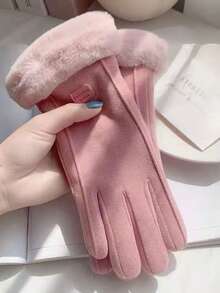 1 Pair Women's Solid Color Fleece Gloves, Touchscreen Capable, Warm Lining, Suitable For Cycling, Commuting, Versatile For Autumn/Winter - Multicolor - View 1