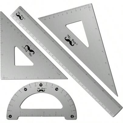 TLL  Metal Geometry Kit 4Pack Set Square Protractor Aluminum Ruler Drafting TrianglesTLL2574