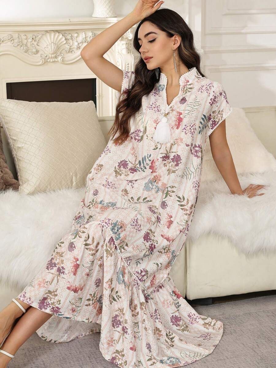 ASBB 重工刺繡 3D 仿刺繡彩色印花阿拉伯女式 JALABIYA 連衣裙，流蘇飾邊 V 領拼接百褶清新白色優雅洋裝，2026 春夏休閒穿搭
