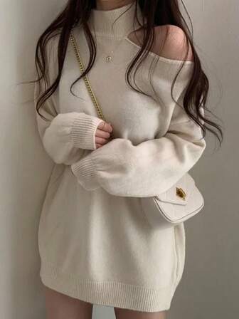 时尚露肩高领毛衣，宽松叠穿上衣