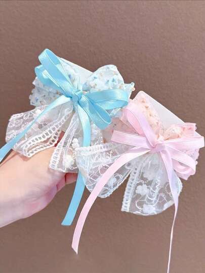 1 pieza Pasador de pelo floral rosa con lazo grande y clip de pelo con encaje para peinado de niños (tarjeta de papel para exhibición)