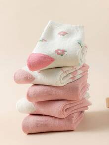 5 Pairs Girls' Mid-Calf Socks, Pink, White, Light Blue, Solid Color, Contrast Color, Cartoon Rabbit, Letter, Flower, Heart, Bow Decor, Autumn/Winter, Soft & Warm Thick, Simple Style, Cute, Fashionable, Versatile For Daily Wear - Multicolor - View 8