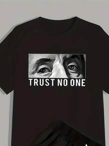 Camiseta de manga corta con estampado de patrón facial, cómoda para hombres, deportiva de verano - Negro - Ver 1