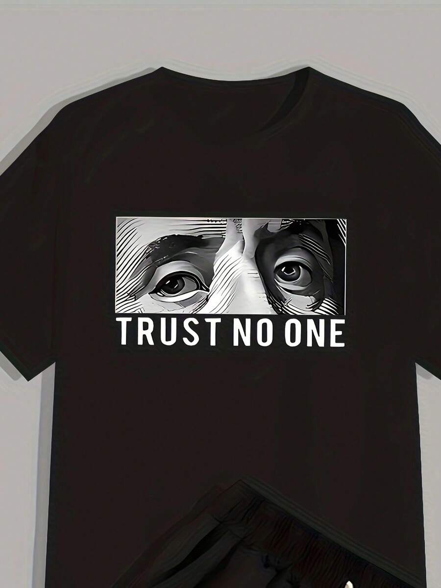 Camiseta de manga corta con estampado de patrón facial, cómoda para hombres, deportiva de verano - Negro - Ver 1