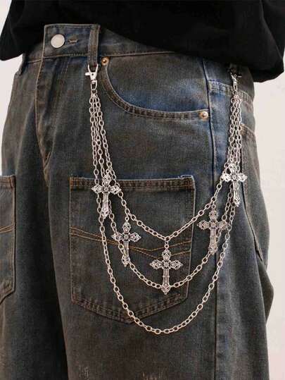 1 件男士百搭时尚朋克简约十字架吊坠裤链，迷人嘻哈饰品，适合夏季、学校、秋冬季裤子装饰、万圣节服装，适合青少年、年轻男士、休闲、户外、运动、度假、生日、聚会、派对穿着。适合作为父亲节、情人节、圣诞节的礼物