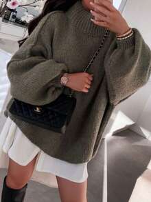 Women Casual Long Sleeve Fall Sweaters High Neck Solid Color Soft Ribbed Knitted Oversized Pullover Loose Fit Jumperih - Green - View 3