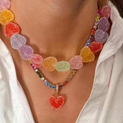 1pc Candy Color Heart Pendant Necklace, Women's Fashion Accessory, 2025 New Arrival