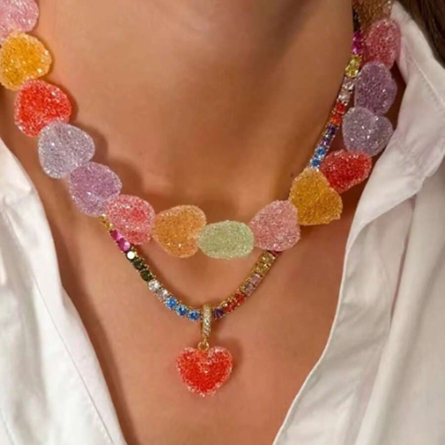 1pc Candy Color Heart Pendant Necklace, Women's Fashion Accessory, 2025 New Arrival - Colorful - View 1