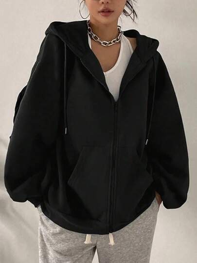 Women's Loose Fit Hooded Long Sleeve Jacket, With Zipper And Drawstring Details, Casual Style Sweatshirt Sweatshirt, Suitable For Spring And Autumn Casual Occasions