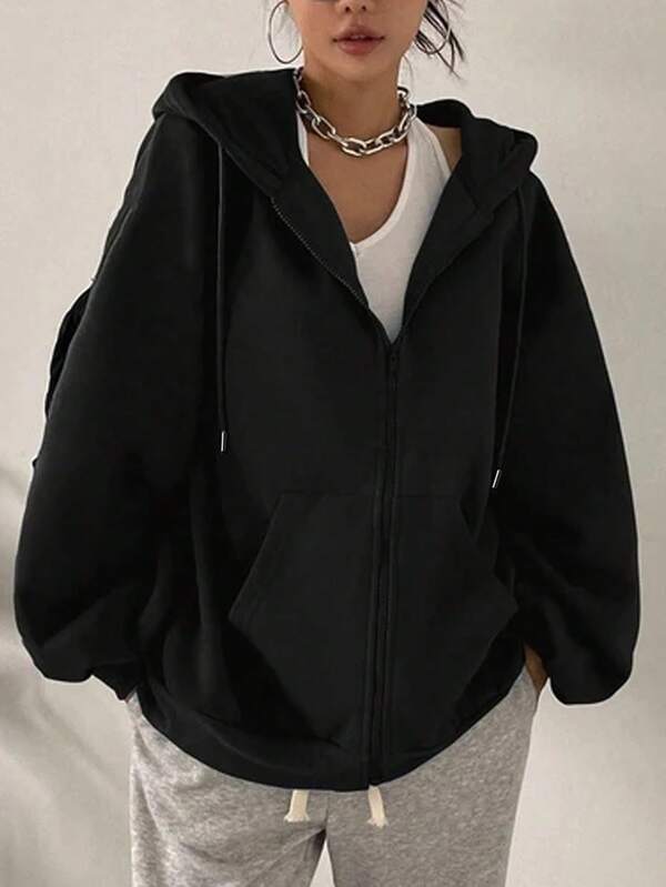 Women's Loose Fit Hooded Long Sleeve Jacket, With Zipper And Drawstring Details, Casual Style Sweatshirt Sweatshirt, Suitable For Spring And Autumn Casual Occasions