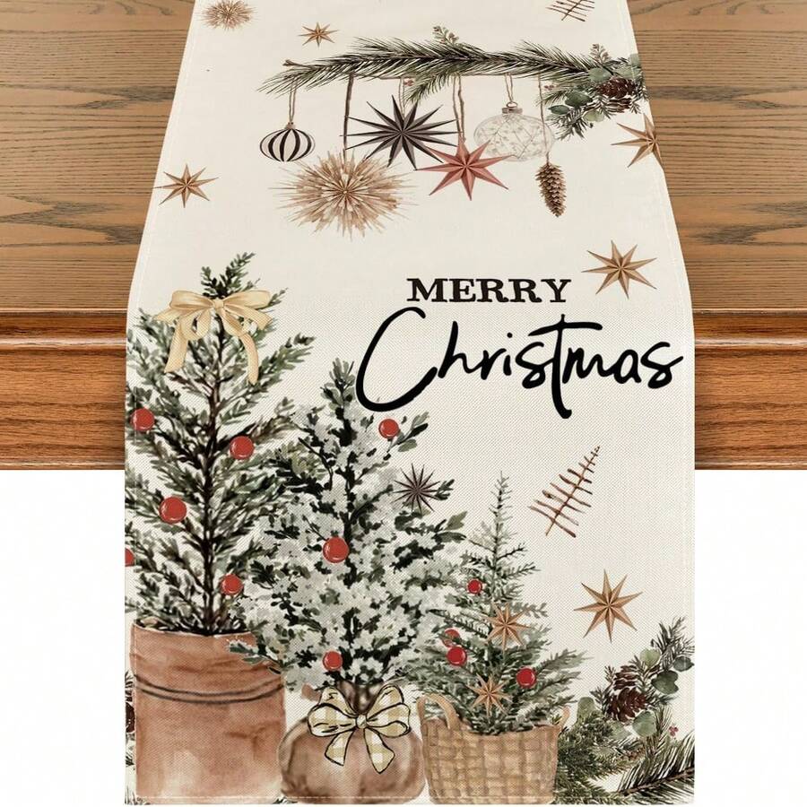 1pc Christmas Tree & Holly Cone Shaped Christmas Happy Table Runner, Seasonal Winter Kitchen Dining Table Decor For Home Party, 13x72 Inches