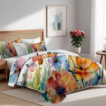 2/3pcs Colorful Flowers Ultrasonic Embossed Quilt Set(1 Quilt + 1/2 Pillowcases), 100% Microfiber Lightweight Breathable Easy Care Summer Bedding Set, Durable, Full/Queen Size Bedspread Set, Bedspread For All Seasons, Beautiful Room Decor - 七彩水墨花朵 - 查看 4