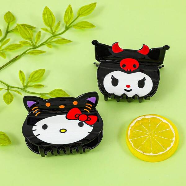 Sanrio 1 pieza Accesorios para el cabello de Hello Kitty linda para disfrazarse en Halloween, accesorio para el cabello con disco de Kuromi en la parte posterior, pinza para el cabello de moda de otoño, clips para el cabello de invierno para atuendos de vacaciones para mujer