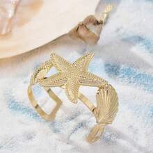 1 Set Summer Ocean Resort Style Starfish & Shell Bracelet & Ring Set, Suitable For Women Beach Vacation Wear
