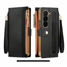 商务时尚多功能拉链钱包式真皮手机壳，采用电镀饰边，配备 S Pen 手写笔、支架功能和腕带，设有卡槽和现金槽，以及镜头保护膜，适用于三星 Galaxy Fold 5/6/7。 - 黑色 - 查看 2