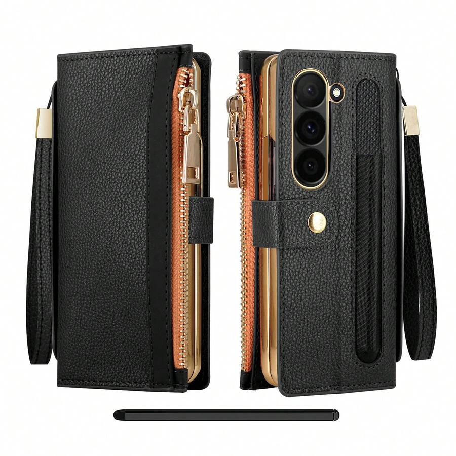 商务时尚多功能拉链钱包式真皮手机壳，采用电镀饰边，配备 S Pen 手写笔、支架功能和腕带，设有卡槽和现金槽，以及镜头保护膜，适用于三星 Galaxy Fold 5/6/7。