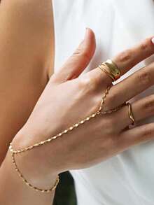 1pc Gold Hand Chain Bracelets For Women 14k Gold Plated Cubic Zirconia Link Chain Bracelet Set, Ring Bracelet Hand Chain Jewelry For Her,Birthday Gifts, Fashion Jewelry Gifts