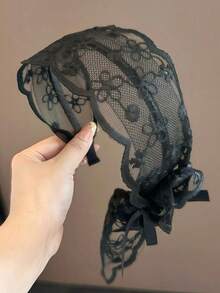 1pc Lace Bow Ribbon Headband, High Crown Pressure Wide Edge Black/White Everyday Outer Wear Hair Clip Hair Tie (Floral Embroidery Pattern Randomly Arranged), Hair Hoop ,Hairband For Women Hair Accessories Head Accessories - Multicolor - View 4