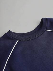 少女秋冬三件套，深蓝色字母图案长袖宽松上衣、背心和运动裤，美式休闲街头风。 - 藏蓝色 - 查看 4