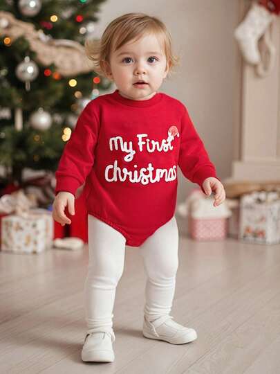 Infant Baby Boy Girl Rompers Christmas Letters Embroidery Crew Neck Long Sleeve Jumpsuit