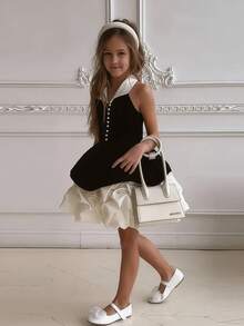 女童蝴蝶结薄纱网纱优雅蛋糕裙，适合宝宝一周岁生日派对、宴会、正式场合、婚礼、聚会、节日庆典等场合。 - 黑色 - 查看 5