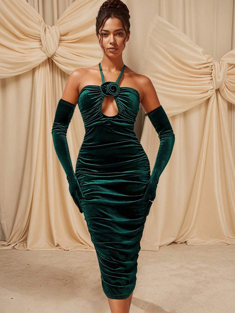 玫瑰花紋露肩連衣裙，褶皺設計，中空手套和性感晚禮服 - 墨綠色 - 查看 1