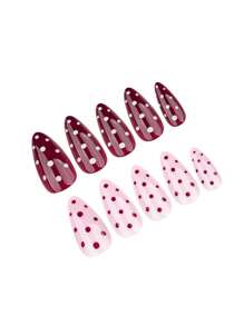 24-Piece Long Almond-Shaped Press On Nails, European And American French Solid Polka Dot Summer Nails, Simple And Sweet, Reusable Design, Suitable For Women's Daily Life And Travel