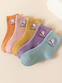 5 Pairs Girls' Crew Socks, Solid Colors Rabbit & Letter Prints, Soft & Warm, Thick Casual Mid-Calf Socks, Cute & Fashionable, Suitable For Autumn/Winter - Multicolor - View 2