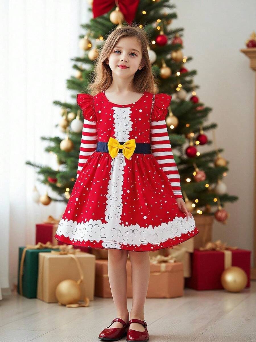 小女孩圣诞波尔卡圆点、蝴蝶结、短袖和条纹长袖连衣裙 - 紅色 - 查看 1