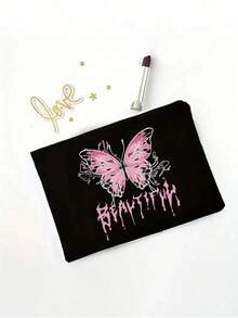 Bolsa de lona casual con estilo Y2k, con diseño de mariposa rosa y patrón de letra personalizado para mujeres. Equipada con una bolsa de maquillaje con cremallera negra, bolsa de almacenamiento casual portátil, bolsa de almacenamiento de artículos de tocador, bolsa de compras multifuncional, nuevo diseño, gran capacidad, muy adecuada para compras, bolso de hombro, bolso de mano, bolsa de almuerzo, lonchera, bolso cruzado, adecuada para hombres y mujeres, parejas, uso diario