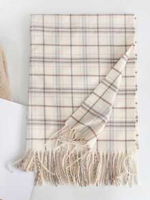 1 Piece Of Plaid Tassel Warm Casual Simple Knitted Women's Scarf Neck Scarf Couple Neck Scarf Suitable For Autumn And Winter Use - 靚麗格子米色 - 查看 2