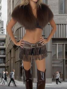 Amber Gradient Fringe Rivet Wide Waist Belt, Versatile Streetwear Accessory, Mecha-Inspired Waist Belt, Celebrity Same Style Leather Belt, Fashionable Waist Skirt - Multicolor - View 8