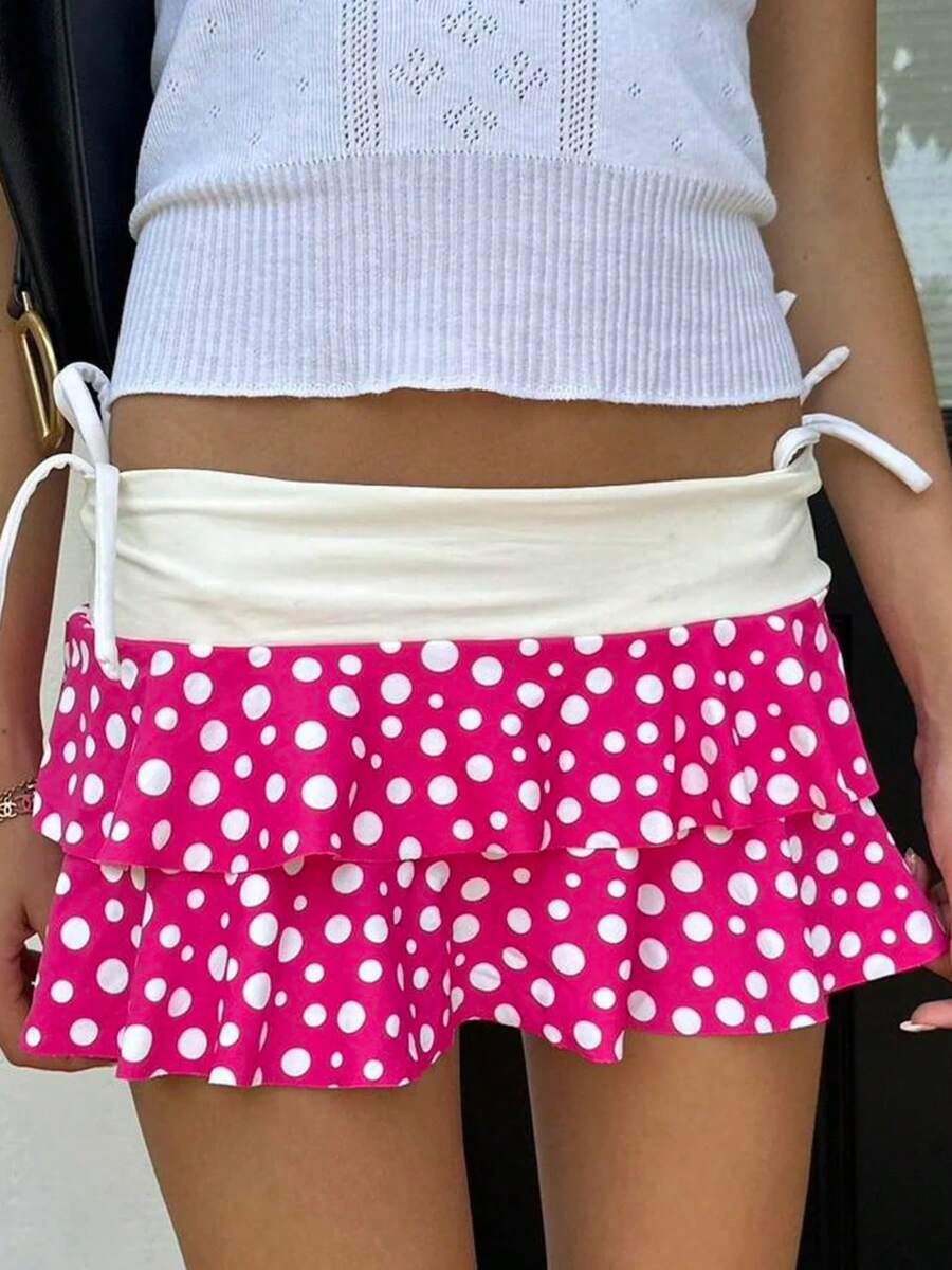 Women's Layered Pleated Mini Skirt, Summer Polka Dot/Stripe/Heart-Shaped Print/Solid Color High Waisted Short Skirt, Suitable For School Season - 紫紅色 - 查看 1