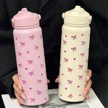 800ml Pink Insulated Water Bottle With Cute Bow And Heart Print - 304 Stainless Steel Coffee Cup With Portable Handle And Foldable Straw, Perfect Gift For Women, Sisters, And Girlfriends For Valentine's Day, Christmas, Back To School And New Year
