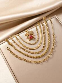 5/6件套复古18K镀金不锈钢手镯，配水晶吊坠，时尚几何设计，适合女性日常及派对场合佩戴，可个性化DIY，情人节礼物，四季皆宜 - 金色 - 查看 5