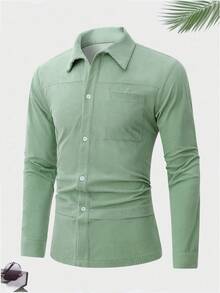 Men's Casual Solid Color Button-Up Long Sleeve Shacket, Autumn/Winter