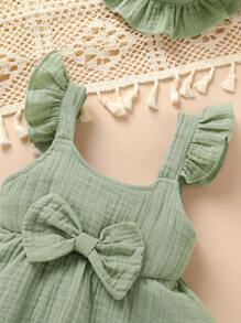 2 件套优雅可爱女婴连体衣，柔软透气舒适蝴蝶装饰，纯色荷叶边分层连体衣和太阳帽，适合休闲、日常、节日穿着 - 綠色 - 查看 9