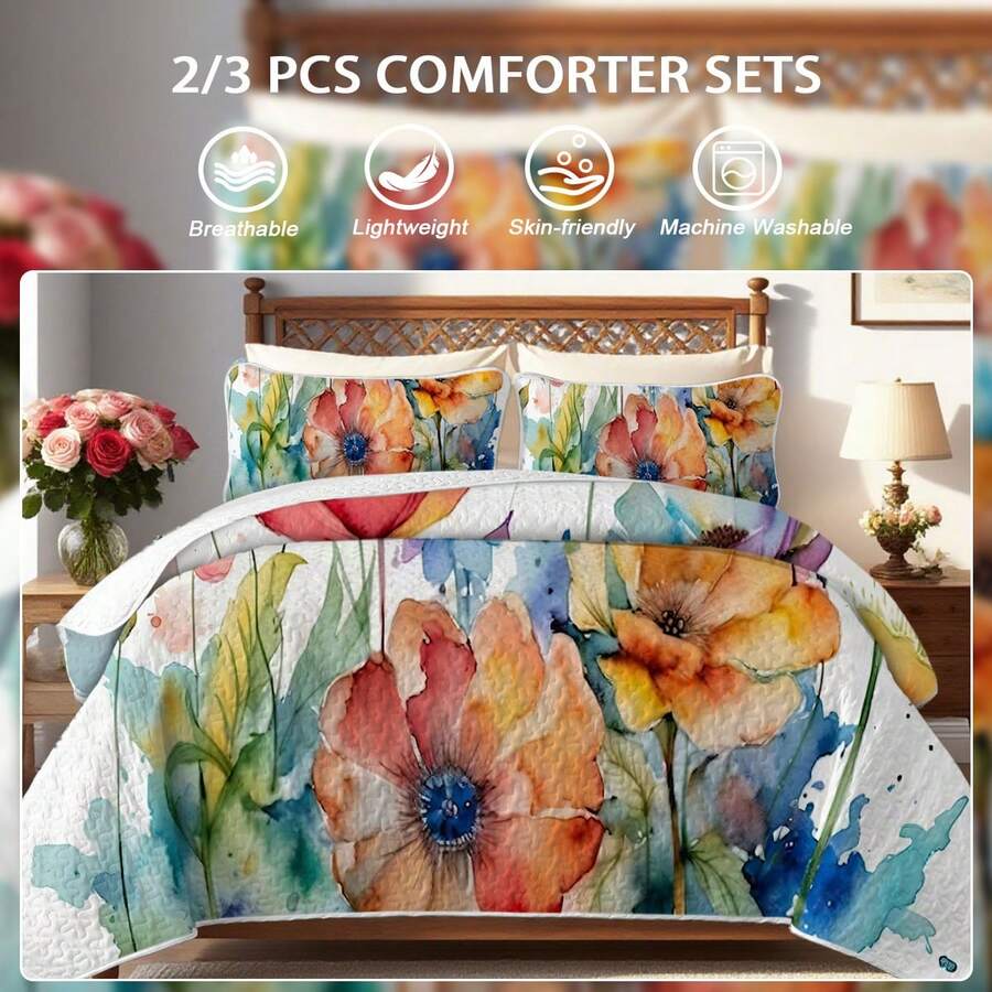 2/3pcs Colorful Flowers Ultrasonic Embossed Quilt Set(1 Quilt + 1/2 Pillowcases), 100% Microfiber Lightweight Breathable Easy Care Summer Bedding Set, Durable, Full/Queen Size Bedspread Set, Bedspread For All Seasons, Beautiful Room Decor - 七彩水墨花朵 - 查看 1