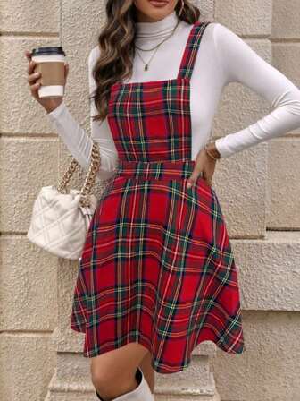 Vestido corto casual de mujer con tirantes a cuadros retro, elegante y de moda, para otoño/invierno