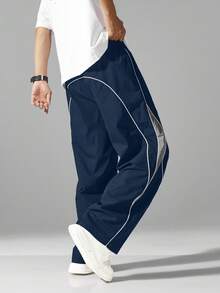 Men 1pc Comfortable Elastic Waist Drawstring Casual Straight Loose Wide Leg Pants, Sporty Contrast Color, Fall