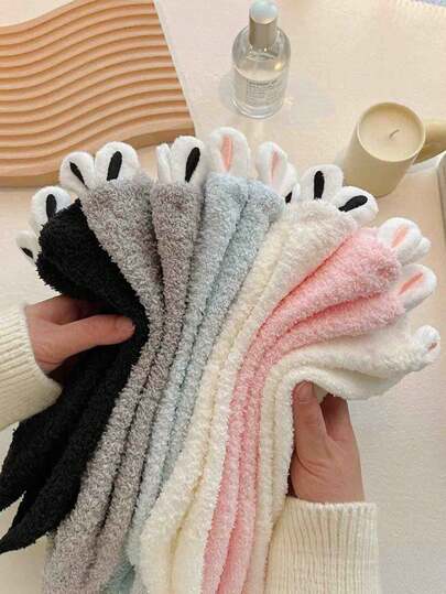 1/3双秋冬卡通3D兔耳时尚女式中筒袜，珊瑚绒休闲家居/工作/礼物洛丽塔睡衣袜，舒适袜子