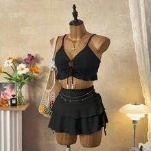 Bellisia Conjunto de biquíni de verão com babados e cordão na bainha