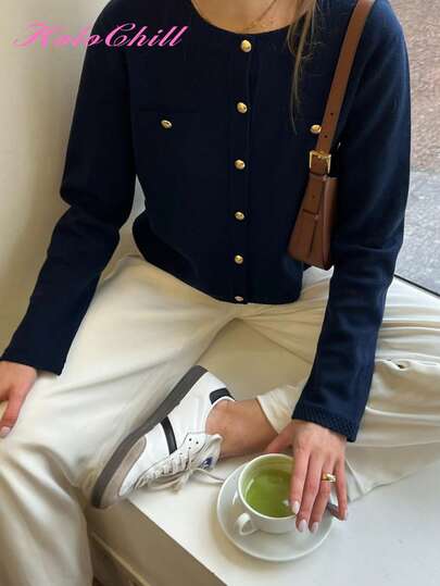 Cárdigan casual de cuello redondo con botones de contraste, estilo casual de mujer HoloChill, nueva llegada de verano