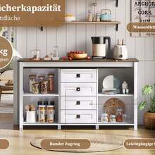 Vintage Sideboard Kücheninsel Beistellschrank mit Schiebetüren und 4 Schubladen,Kaffeebar mit Stauraum,für Küche, Esszimmer,weiß