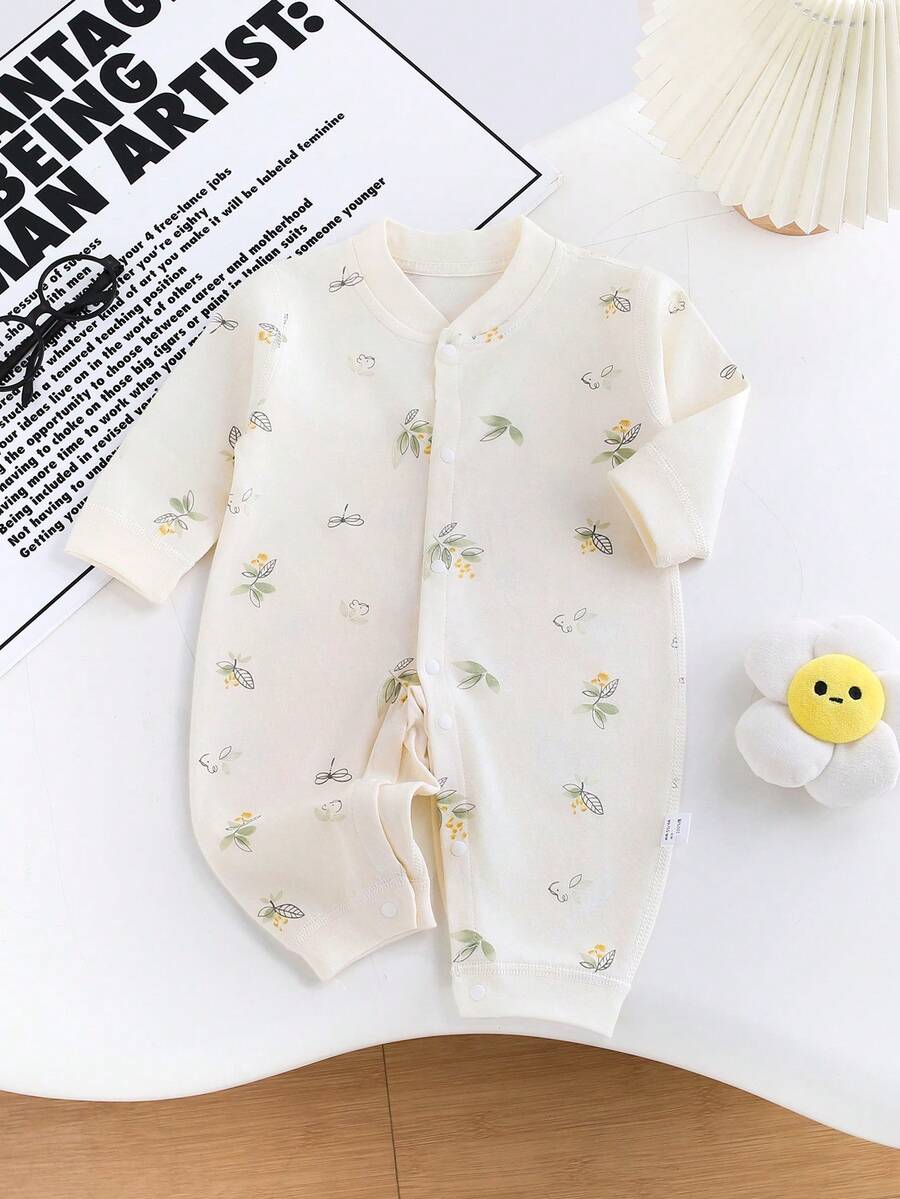 Baby Boy Cute Cartoon Print Front Button Romper, Infant Clothing Suitable For Spring And Autumn Seasons