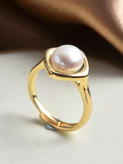 1pc 18K Gold Plated Natural Pearl Adjustable Ring, Mother's Day, Valentine's Day, Birthday, Wedding, Engagement, Bridal Gift