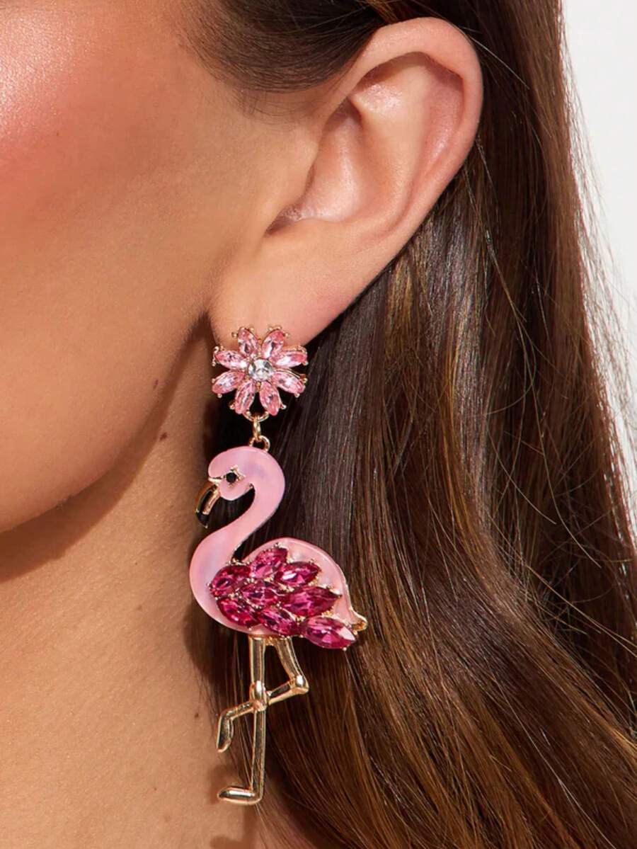 1 paire de boucles d'oreilles style flamant rose rose européenne et américaine avec fleur en cristal pendante, boucle d'oreille pour femmes, boucles d'oreilles en cristal multicolores scintillantes, convient pour les sorties quotidiennes des femmes
